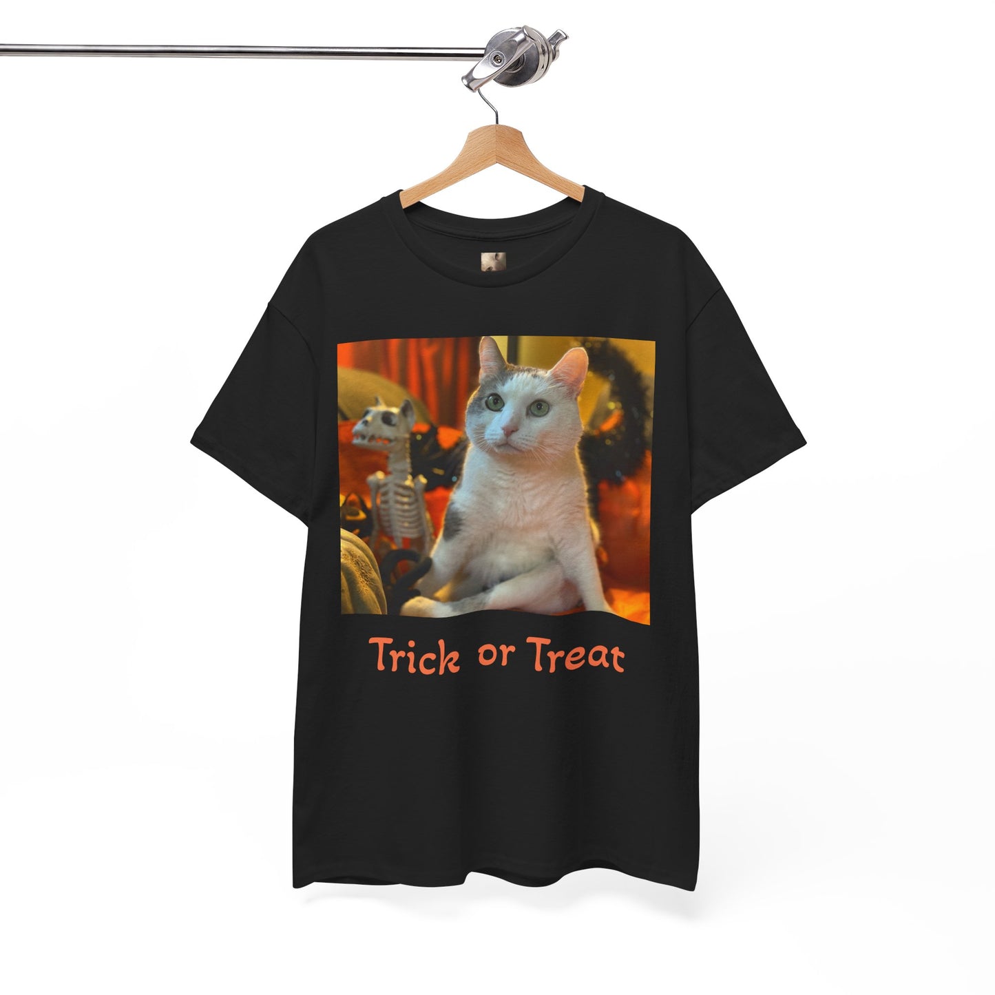 Trick or Treat Happy Titoween Santito Cat Tee - Unisex Heavy Cotton T-Shirt for Halloween, Trick or Treat, Happy Titoween, Cozy Halloween Fashion, Funny Cat Tee