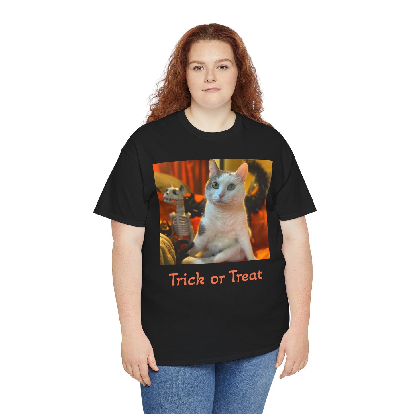 Trick or Treat Happy Titoween Santito Cat Tee - Unisex Heavy Cotton T-Shirt for Halloween, Trick or Treat, Happy Titoween, Cozy Halloween Fashion, Funny Cat Tee