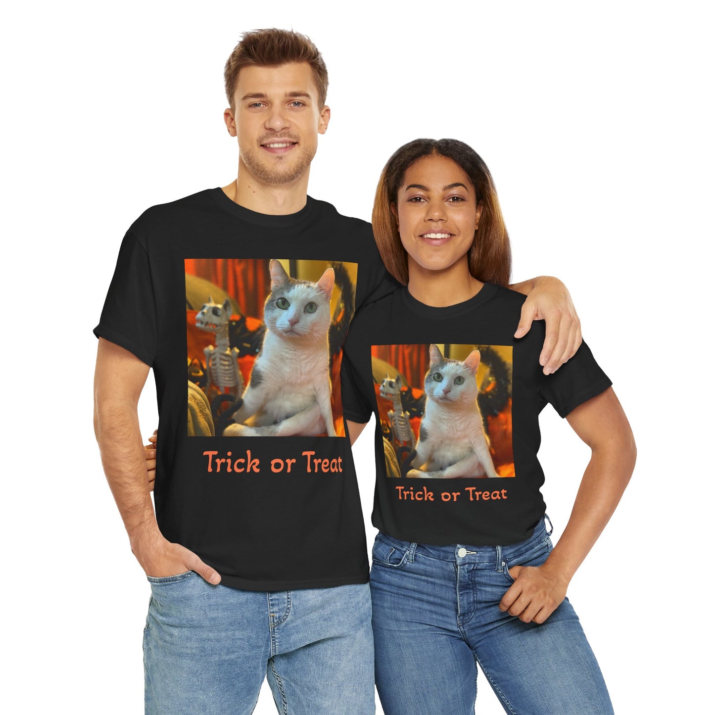 Trick or Treat Happy Titoween Santito Cat Tee - Unisex Heavy Cotton T-Shirt for Halloween, Trick or Treat, Happy Titoween, Cozy Halloween Fashion, Funny Cat Tee