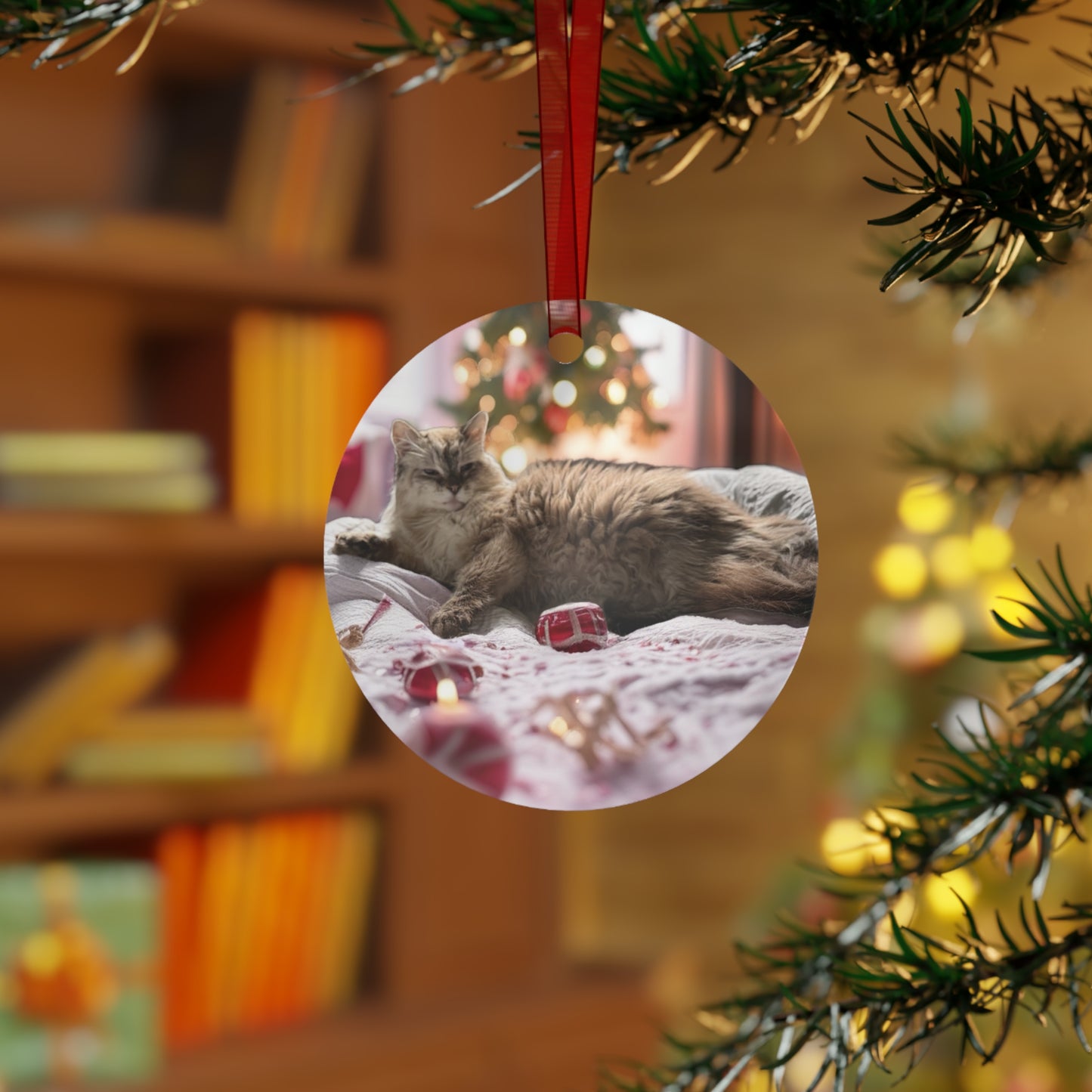 "The Shoosh" Fluffy Balinese Cat Christmas Metal Ornament
