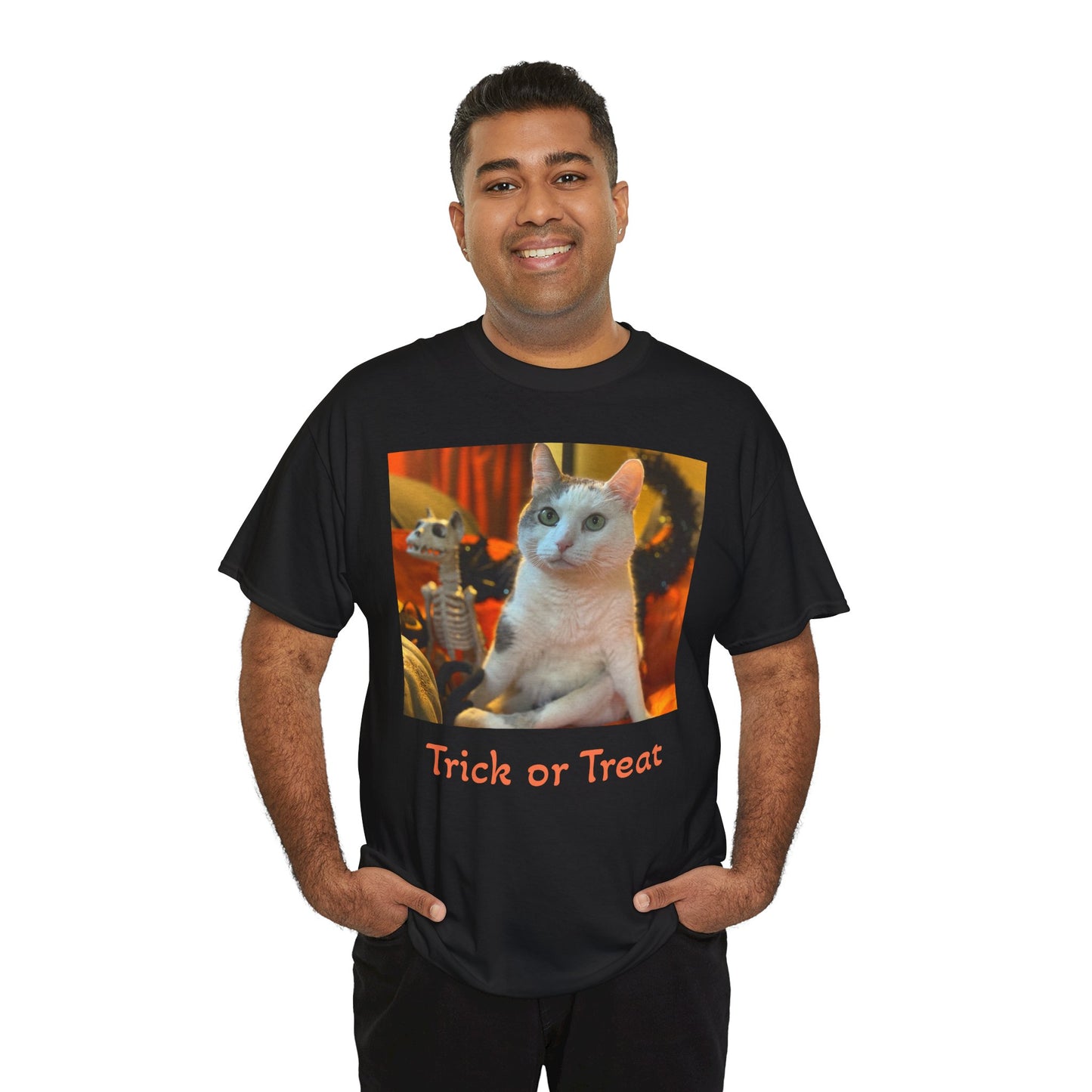 Trick or Treat Happy Titoween Santito Cat Tee - Unisex Heavy Cotton T-Shirt for Halloween, Trick or Treat, Happy Titoween, Cozy Halloween Fashion, Funny Cat Tee