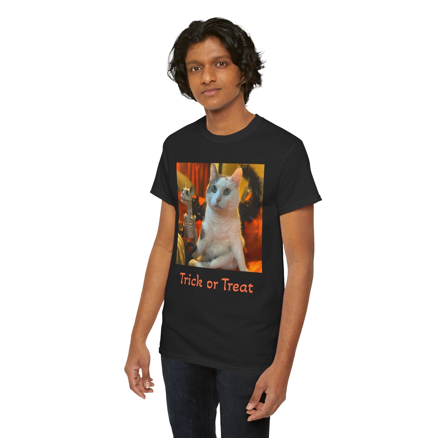 Trick or Treat Happy Titoween Santito Cat Tee - Unisex Heavy Cotton T-Shirt for Halloween, Trick or Treat, Happy Titoween, Cozy Halloween Fashion, Funny Cat Tee