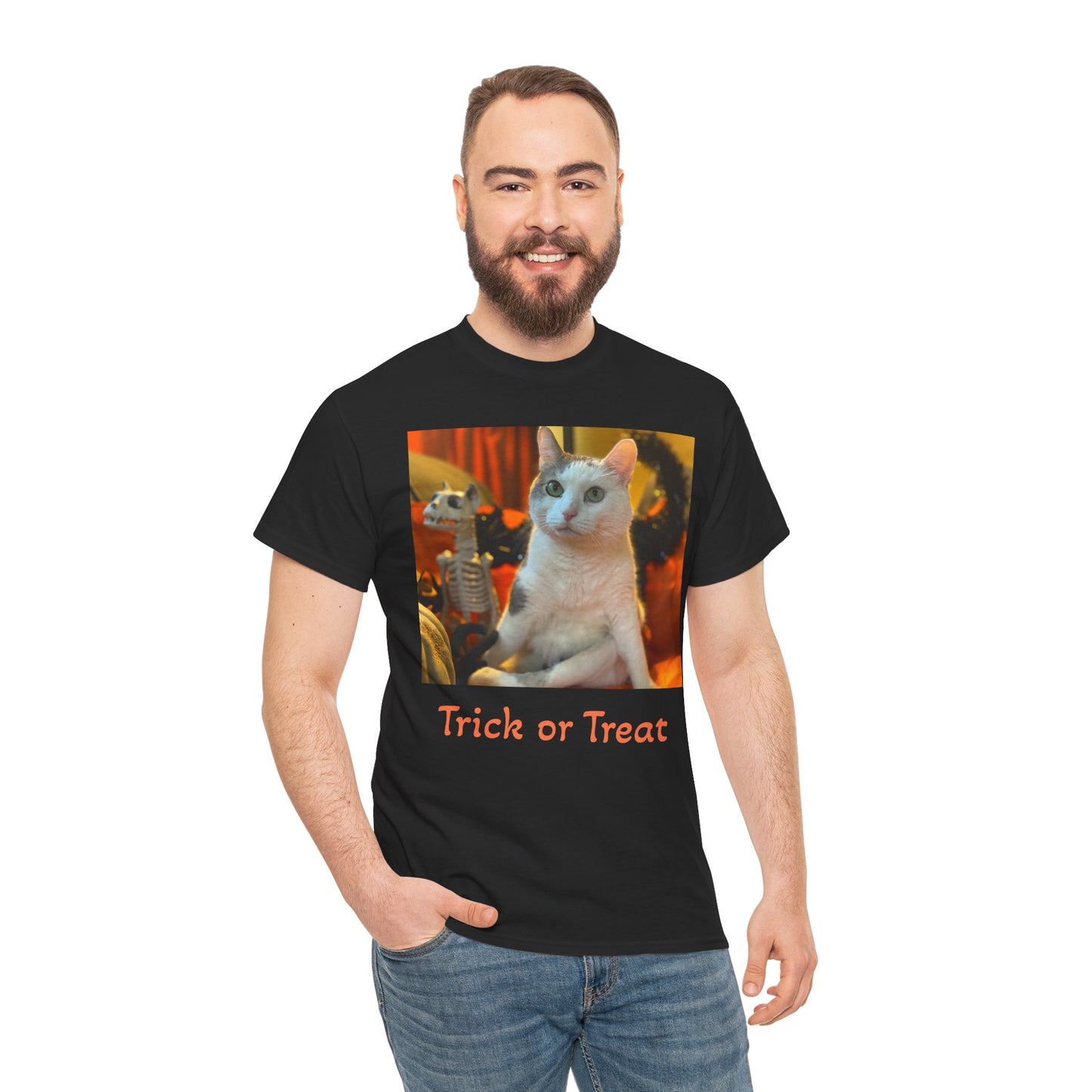 Trick or Treat Happy Titoween Santito Cat Tee - Unisex Heavy Cotton T-Shirt for Halloween, Trick or Treat, Happy Titoween, Cozy Halloween Fashion, Funny Cat Tee