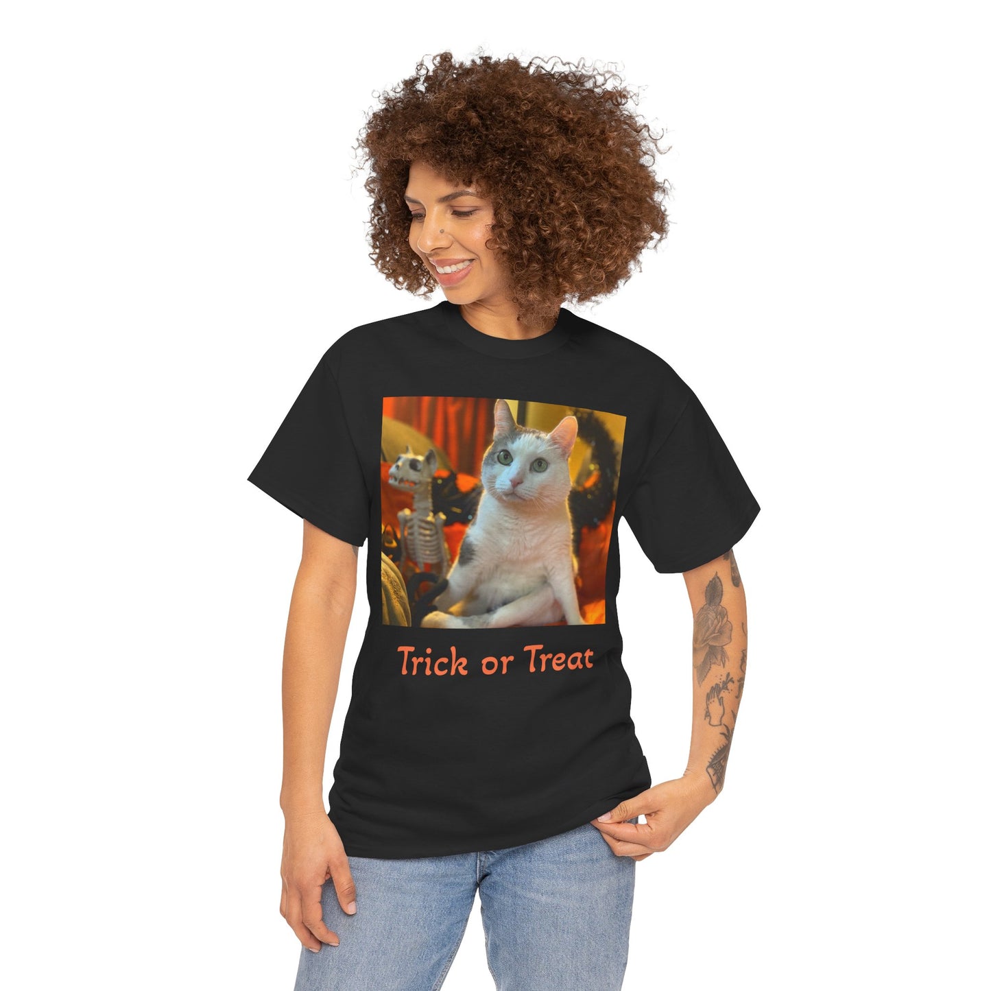 Trick or Treat Happy Titoween Santito Cat Tee - Unisex Heavy Cotton T-Shirt for Halloween, Trick or Treat, Happy Titoween, Cozy Halloween Fashion, Funny Cat Tee