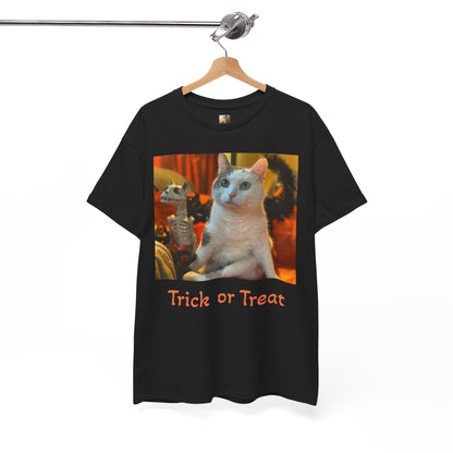 Trick or Treat Happy Titoween Santito Cat Tee - Unisex Heavy Cotton T-Shirt for Halloween, Trick or Treat, Happy Titoween, Cozy Halloween Fashion, Funny Cat Tee