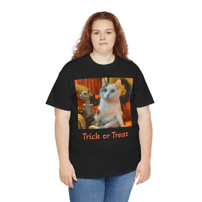Trick or Treat Happy Titoween Santito Cat Tee - Unisex Heavy Cotton T-Shirt for Halloween, Trick or Treat, Happy Titoween, Cozy Halloween Fashion, Funny Cat Tee