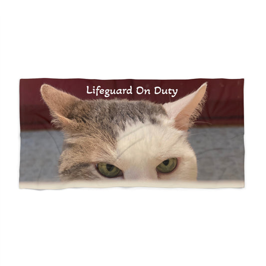 "Lifeguard On Duty" Santito Cute Cat Beach Towel, Feline Lover Gift, Summer Pool Towel, Cat-Themed Accessories, Fun Beach Day Essential