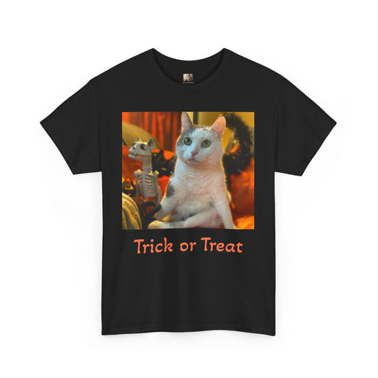 Trick or Treat Happy Titoween Santito Cat Tee - Unisex Heavy Cotton T-Shirt for Halloween, Trick or Treat, Happy Titoween, Cozy Halloween Fashion, Funny Cat Tee